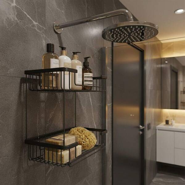 Defne Banyo 15x25 İkili Şampuanlık Sabunluk Süngerlik Siyah Renk (192 1525 S) - 1