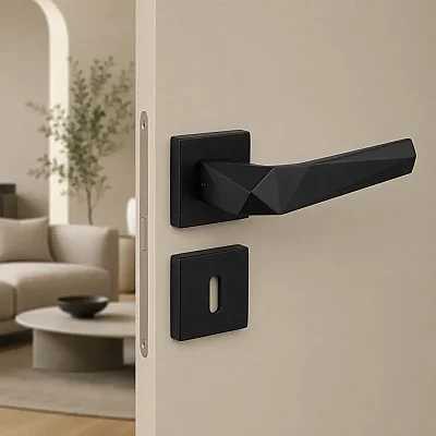 Pira Modeli Kare Rozetli Oda Kapı Kolu Mat Siyah (A527111224) - 1