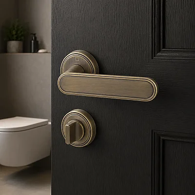Çebi Kaf Modeli Yuvarlak Rozetli WC Kapı Kolu Fırçalanmış Antik Pirinç (A579413 MP30) - 1