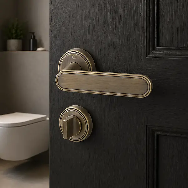 Çebi Kaf Modeli Yuvarlak Rozetli WC Kapı Kolu Fırçalanmış Antik Pirinç (A579413 MP30) - 1