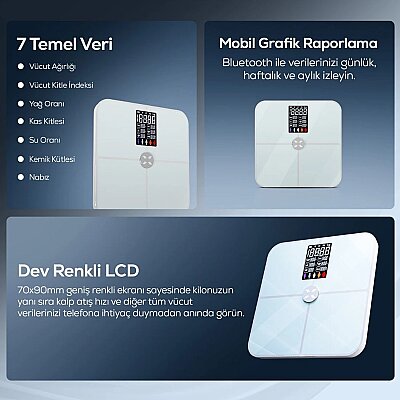 Akıllı Tartı | 17 Temel Vücut Analizi, Nabız Ölçer, Mobil Kontrol, Dijital Baskül (Beyaz - X8702_M0) - 3