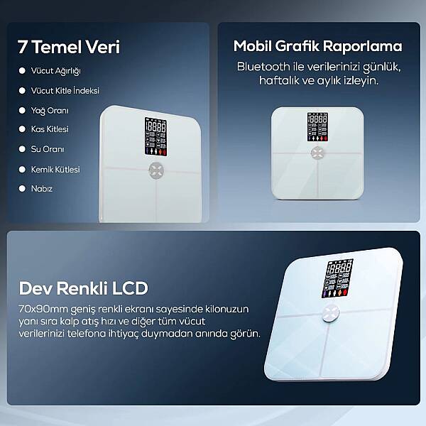Akıllı Tartı | 17 Temel Vücut Analizi, Nabız Ölçer, Mobil Kontrol, Dijital Baskül (Beyaz - X8702_M0) - 3