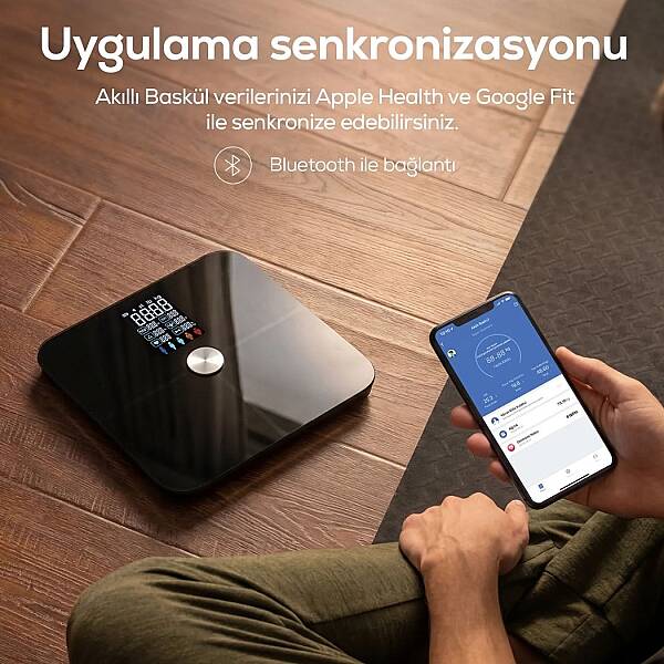 Akıllı Tartı | 17 Temel Vücut Analizi, Nabız Ölçer, Mobil Kontrol, Dijital Baskül (Siyah - X8702) - 2