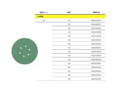 Atlas 150mm 220Kum 6 Delik Yeşil Film Disk Cırtlı Zımpara QG 293 P220 VL1 H6 (66254438337) - 2
