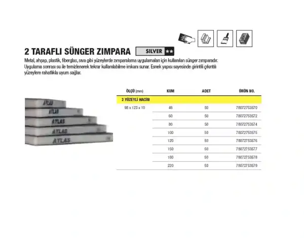 Atlas 98X123X10mm Z180 2 Taraflı Sünger Zımpara 180Kum Takoz Zımpara (78072753578) - 2