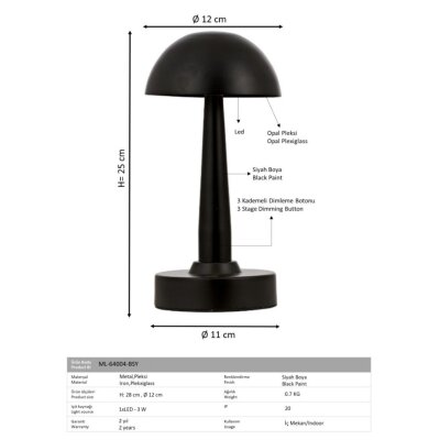 Avonni 64004 Ailesi Eskitme Şarjlı Masa Lambası Siyah Renk (ML-64004-BSY) - 2