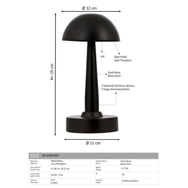 Avonni 64004 Ailesi Eskitme Şarjlı Masa Lambası Siyah Renk (ML-64004-BSY) - 2