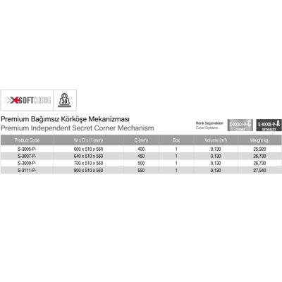 Starax 50cm Premium Bağımsız Körköşe Mekanizması Antrasit Renk (S-3009-P-A) - 7