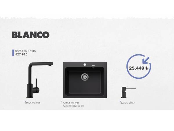 Blanco Naya 6 Siyah + Mila Spiralsiz Mat Siyah + Lato Mat Siyah Sabunluk 3lü Set Siyah (527 920) - 2