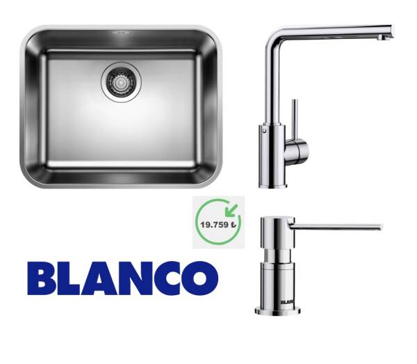 Blanco Supra 500-U Paslanmaz Çelik + Mila Spiralsiz Krom Armatür + Lato Krom Sabunluk 3 Lü Set (527 911) - 1