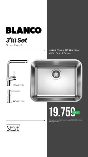 Blanco Supra 500-U Paslanmaz Çelik + Mila Spiralsiz Krom Armatür + Lato Krom Sabunluk 3 Lü Set (527 911) - 1