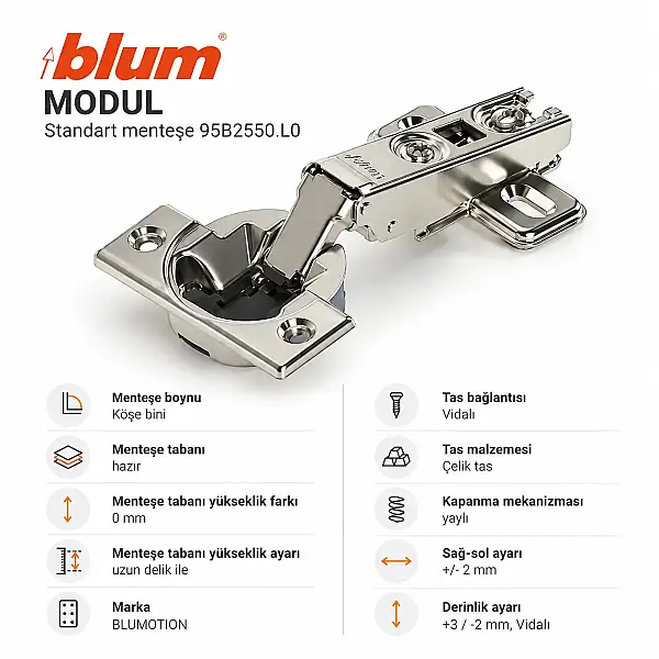 Blum 100° Modül Düz Menteşe + Taban (95B2550.L0MB+P) - 4