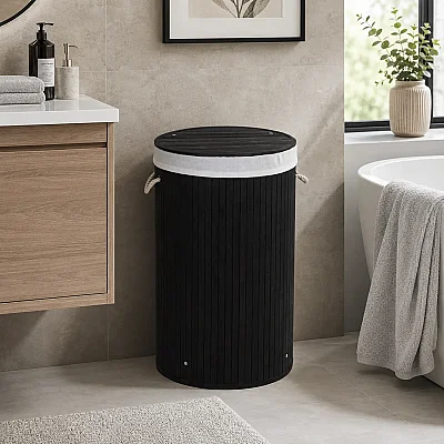 Casalinda Siyah Yuvarlak Bambu Kirli Çamaşır Sepeti 55Lt (CL-6001-5) - 1