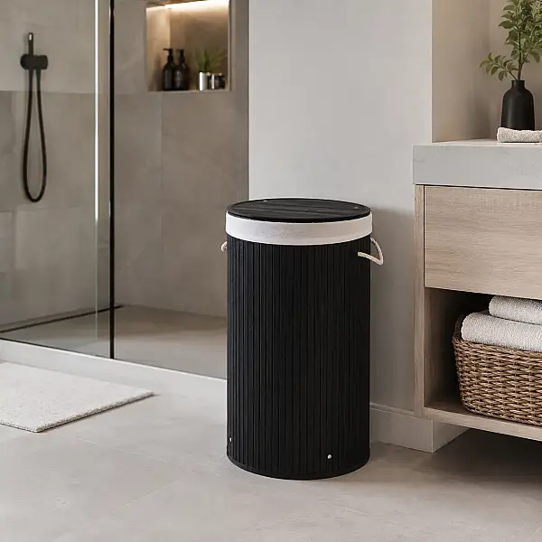 Casalinda Siyah Yuvarlak Bambu Kirli Çamaşır Sepeti 55Lt (CL-6001-5) - 2