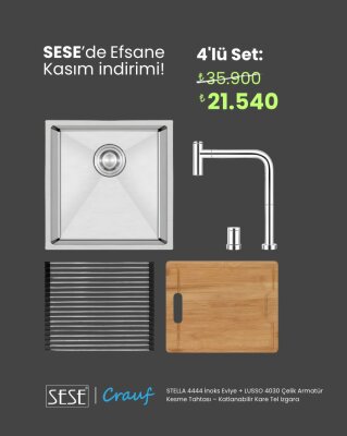 Crauf 4'Lü Set Stella 4444 Inox Eviye + Lusso 4030 Çelik Armatür + Kesme Tahtası + Tel Izgara - 3