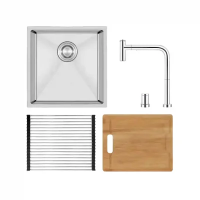 Crauf 4'Lü Set Stella 4444 Inox Eviye + Lusso 4030 Çelik Armatür + Kesme Tahtası + Tel Izgara - Crauf (1)