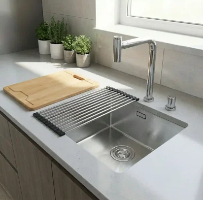 Crauf 4'Lü Set Stella 4444 Inox Eviye + Lusso 4030 Çelik Armatür + Kesme Tahtası + Tel Izgara - 1