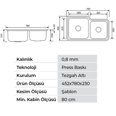 Crauf Lavello 3078 Mat Inox İkiz Eviye (537.1421.3078.24) - 2