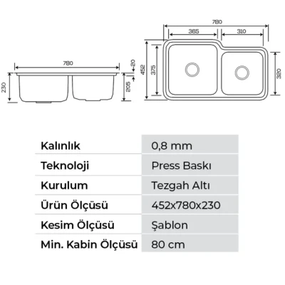 Crauf Lavello 3078 Pvd Füme Renk İkiz Eviye (537.1422.3078.24) - 2