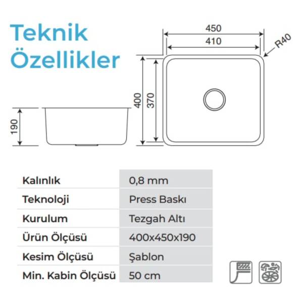 Crauf Lavello 3040 Tezgah Altı Çelik Eviye Mat Inox Renk (530.1421.3040.24) - 2