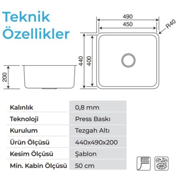 Crauf Lavello 3050 Tezgah Altı Mat Gri (530.1425.3050.24) - 2