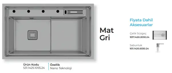 Crauf Lusso 1055 Eviye Takımı Mat Gri Renk (531.1425.1055.24) - 2