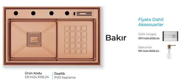 Crauf Lusso 1056 Pvd Eviye Takımı Bakır Renk (531.1424.1056.24) - 2