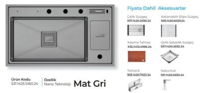 Crauf Lusso 1060 Eviye Takım Mat Gri Renk (531.1425.1060.24) - 2