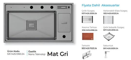 Crauf Lusso 1060 Eviye Takım Mat Gri Renk (531.1425.1060.24) - 2