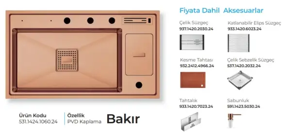 Crauf Lusso 1060 Pvd Eviye Takım Bakır Renk (531.1424.1060.24) - 2