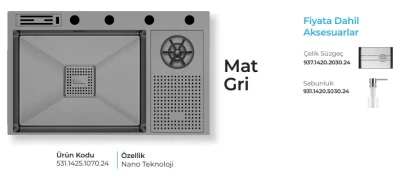 Crauf Lusso 1070 Eviye Takımı Mat Gri Renk (531.1425.1070.24) - 2
