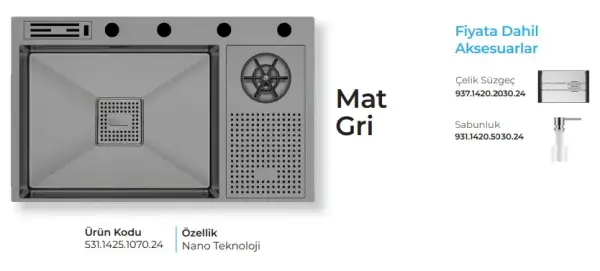 Crauf Lusso 1070 Eviye Takımı Mat Gri Renk (531.1425.1070.24) - 2