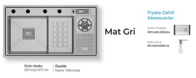 Crauf Lusso 1071 Eviye Takımı Mat Gri Renk (531.1425.1071.24) - 2