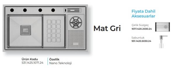 Crauf Lusso 1071 Eviye Takımı Mat Gri Renk (531.1425.1071.24) - 2