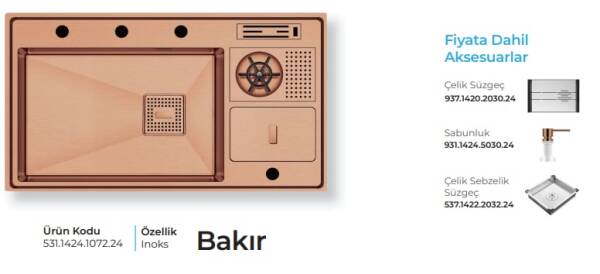 Crauf Lusso 1072 Pvd Eviye Takım Bakır Renk (531.1424.1072.24) - 2