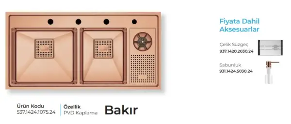 Crauf Lusso 1075 Pvd Eviye Takımı Bakır Renk (537.1424.1075.24) - 2