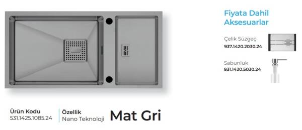 Crauf Lusso 1085 Eviye Takımı Mat Gri Renk (531.1425.1085.24) - 2