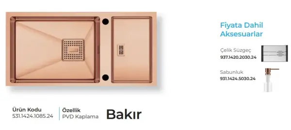 Crauf Lusso 1085 Pvd Eviye Takımı Bakır Renk (531.1424.1085.24) - 2