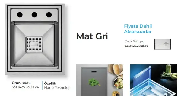 Crauf Lusso 6390 Eviye Takımı Mat Gri Renk (531.1425.6390.24) - 2