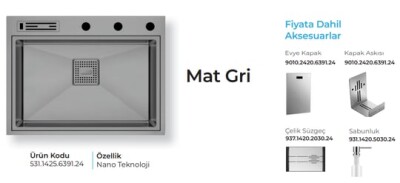 Crauf Lusso 6391 Eviye Takımı Mat Gri Renk (531.1425.6391.24) - 2