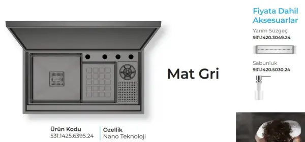 Crauf Lusso 6395 Eviye Takımı Mat Gri Renk (531.1425.6395.24) - 2