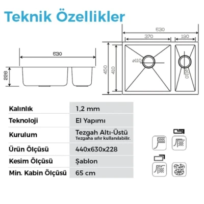 Crauf Stella 4563 İkiz Eviye Mat Gri Renk (534.2425.4563.24) - 2