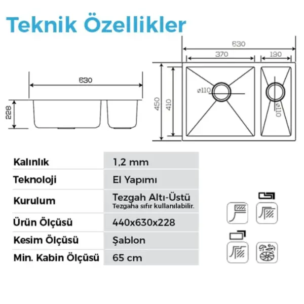 Crauf Stella 4563 İkiz Eviye Mat Gri Renk (534.2425.4563.24) - 2