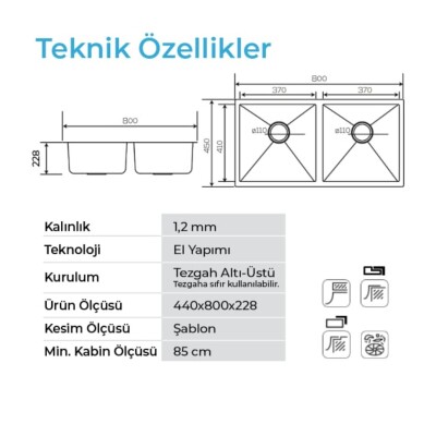 Crauf Stella 4580 2 Göz İkiz Eviye PVD Kaplama Inox Renk (537.2420.4580.24) - 2