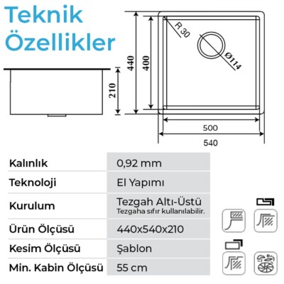 Crauf Venüs 3054 Tezgah Altı Eviye Inox Renk (530.1420.3054.24) - 2