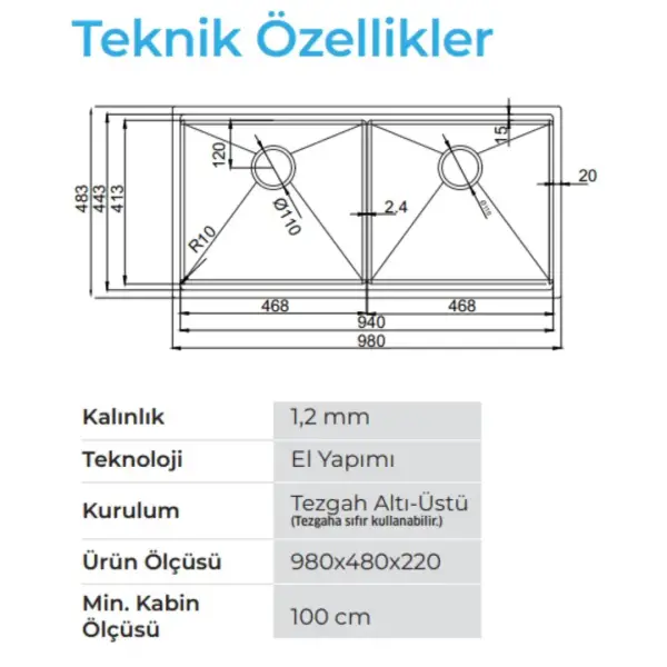 Crauf Vertice 4898A İkiz Eviye Mat Gri Renk (537.1425.4898.24) - 2