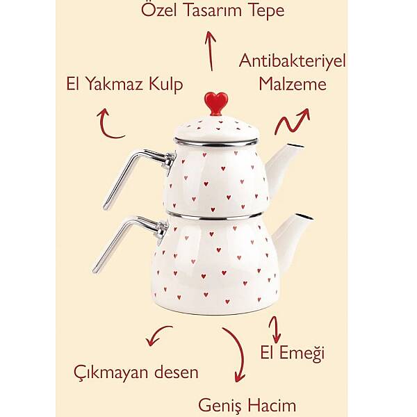 Cupid Kalp Desenli Emaye Çaydanlık Takımı (EMAY14) - 5