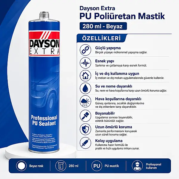 Dayson Extra PU Poliüretan Mastik 280ml Kartuş Beyaz (SS800-101) - 2