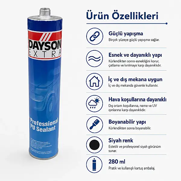 Dayson Extra PU Poliüretan Mastik 280ml Kartuş Siyah (SS800-102) - 3