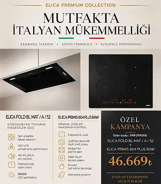 Elica Gömme Davlumbaz 52cm FOLD BL MAT/A/52 + Elica 60cm İndüksüyonlu Ocak PRIMIS 604 PLUS RAW (PRF0FPS60) - 2